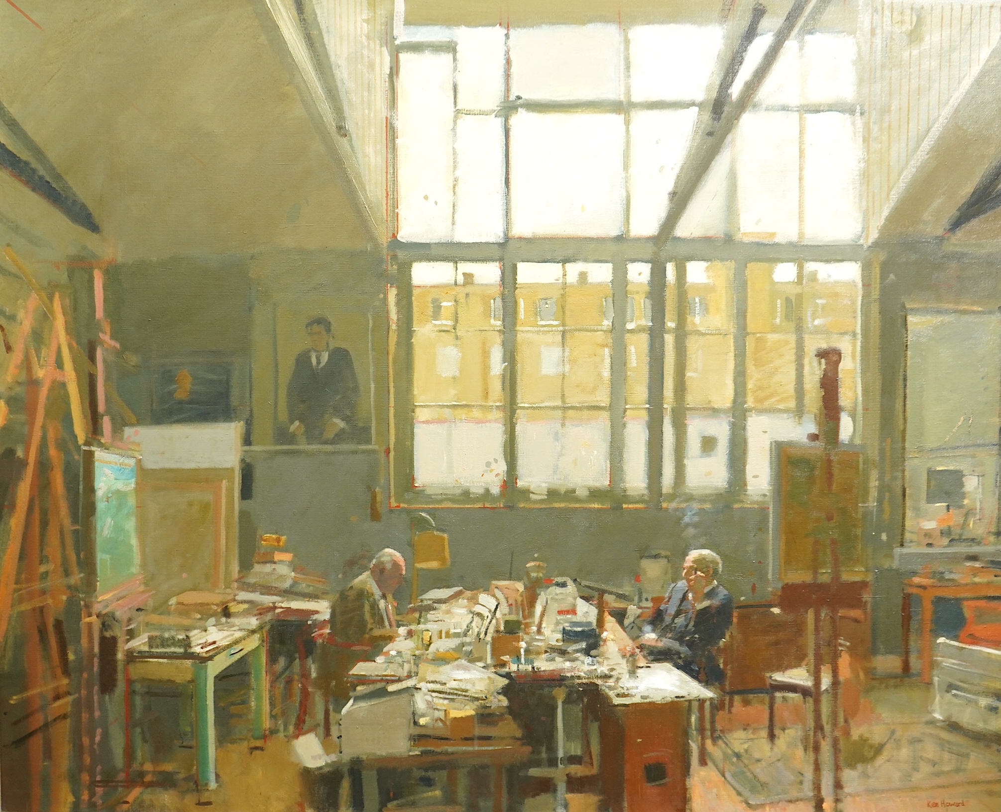 Ken Howard OBE, RA, RWS, RWA, ROI, PPNEAC (British, 1932-2022), 'Robert Buhler and Bill Michael at 3 Avenue Studios', oil on canvas, 112 x 137cm